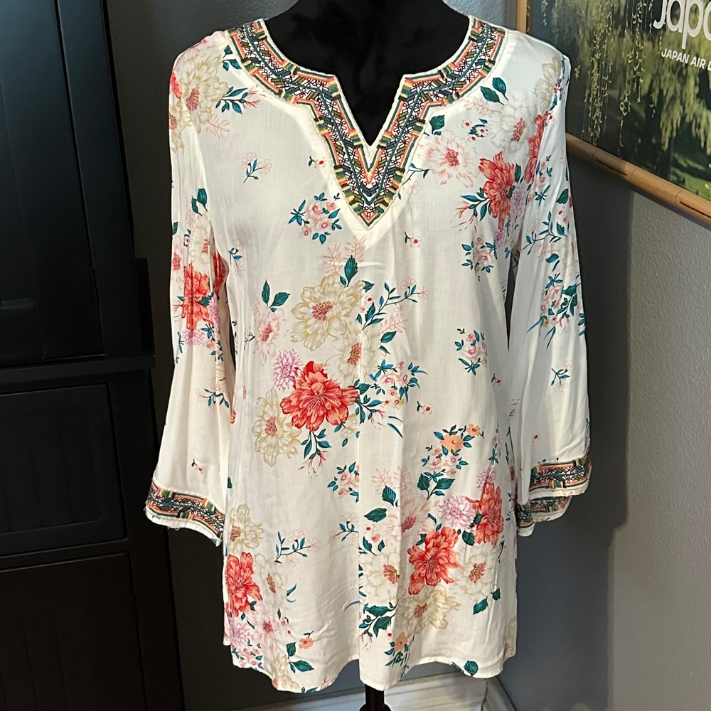 Linda Anderson Small Tunic Blouse Floral Embroidered V-Neck Boho Casual